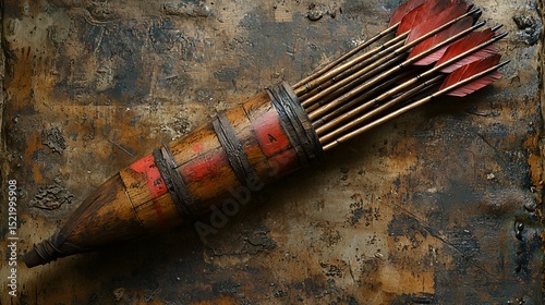 Antique quiver with arrows on rustic background.