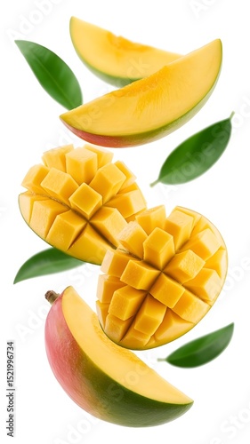 High-Resolution Food Photography of Floating Mango Slices with Green Leaves on White Background 