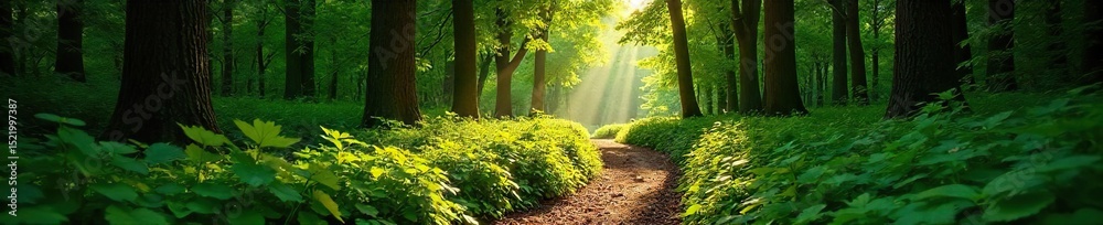 Fototapeta premium Sun-dappled forest trail, winding path through lush green foliage, dappled sunlight filtering through leaves, tranquil woodland scene, inviting nature walk , branches, winding road, woodland