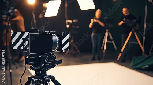 Film camera on tripod, crew filming scene.