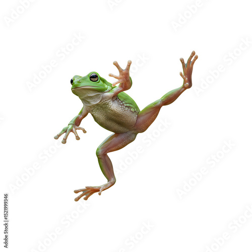 Animated frog jumping cheerfully with one leg up and arms wide open