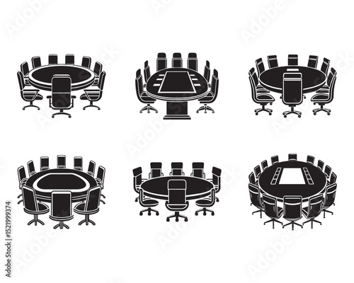 
set Conference round table with chairs silhouette vector illustration