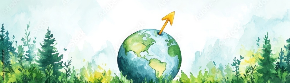 Naklejka premium A watercolor illustration of Earth surrounded by lush green forests with an upward yellow arrow symbolizing environmental growth or progress.