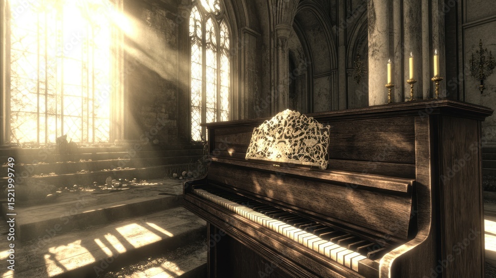 Obraz premium An old piano is in a church bathed by bright sunlight