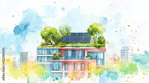 Modern building with rooftop solar panels and greenery, surrounded by colorful watercolor splashes in an urban setting.