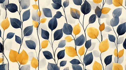 Blue and yellow leaves intertwine to create a whimsical botanical pattern against an offwhite backdrop