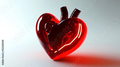 A shiny red heart model with visible veins and arteries against a white and gray background