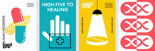 Medical care poster collection with pills, first aid kit, healing symbols, and modern flat style for health and wellness campaigns.