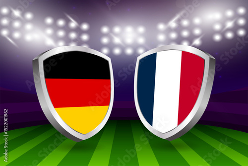 Germany vs France flag shields on a stadium background, football soccer championship competition vector illustration	