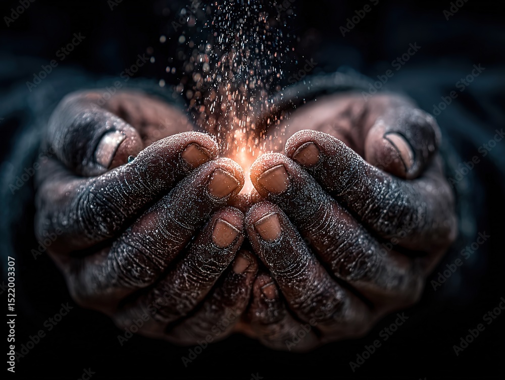 Obraz premium Soiled Hands Cradling Ascending Golden Particles, Textured Skin Glow Against Deep Void