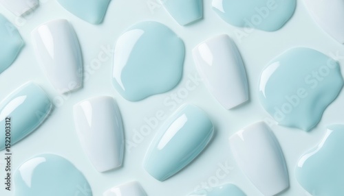 Nail polish swatches in light blue and white on a smooth surface  