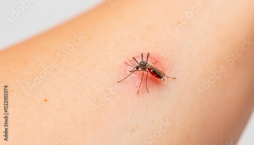 Mosquito biting human skin with visible red irritation on arm  