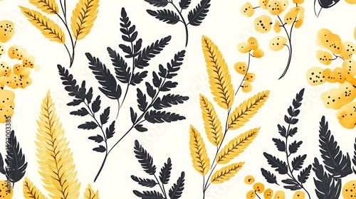 Botanical Pattern Featuring Yellow Flowers, Golden Wheat Stalks, and Hard Dark Leaves on White