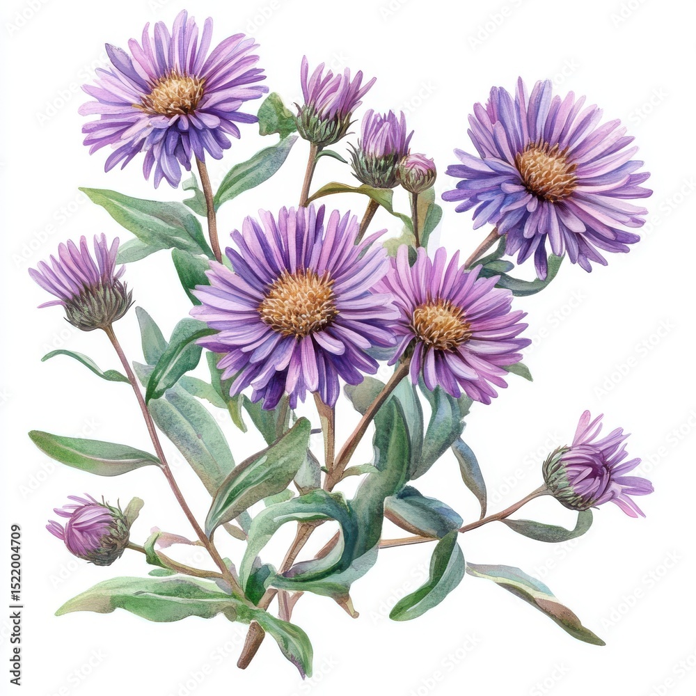 Obraz premium Watercolor Painting of Purple Aster Flowers Bouquet