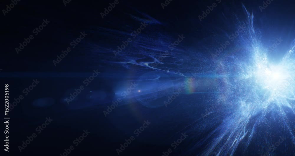 Abstract blue space, bright light source at the center of a dynamic nebula. Ideal seamless loop background for science, tech, or futuristic themes. Energy and cosmic light patterns. 3D render