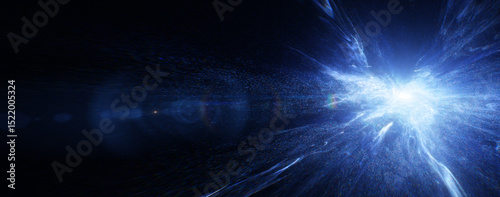 Abstract energy burst in dark space, with bright white light emanating outwards into dynamic blue particles and streams. Features lens flare. Cosmic starburst explosion. 3D render