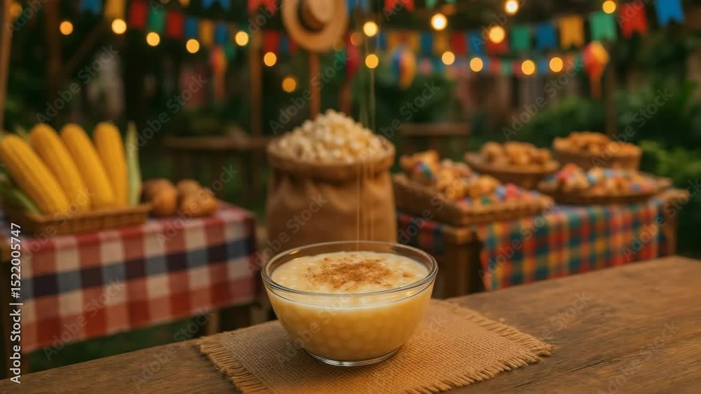 Brazilian canjica, festa junina, são joão, Still life of corn, rice pudding, and other foods at an outdoor party with lights and decorations 4k uhd video