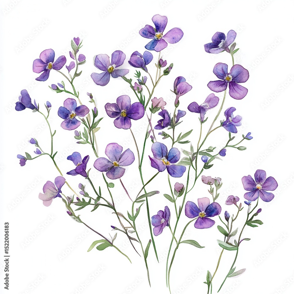 Fototapeta premium Watercolor Painting of a Delicate Bouquet of Purple Flowers on White Background