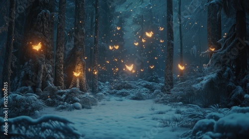Luminous insects in snowy, dark forest.