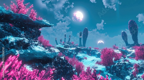 Alien landscape: pink flora, blue rocks, celestial bodies.