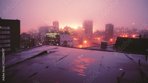A cityscape seen through atmospheric fog during a dusky evening