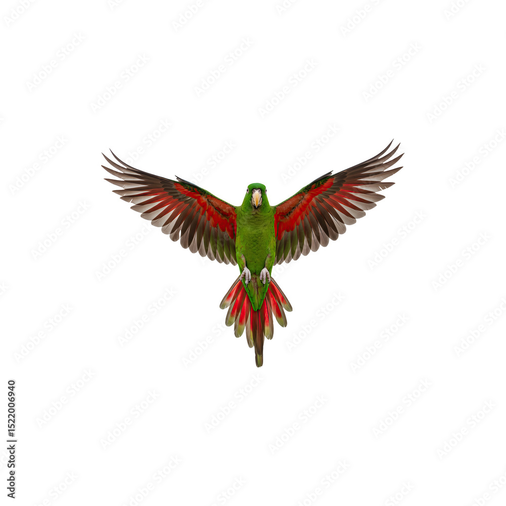 Obraz premium Flying parrot with spread wings, showcasing vivid feathers and movement.