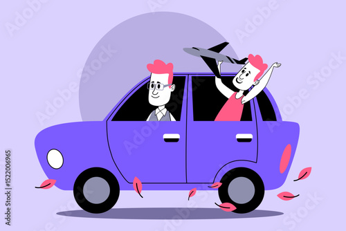 Father and son going on road trip in vibrant purple car. Boy joyfully holding toy plane while man driving with smile, surrounded by falling leaves