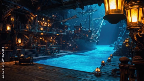 Dark dock, ancient ship, glowing lanterns, blue water.