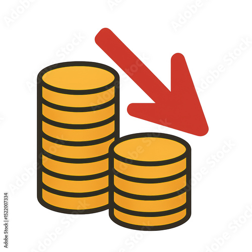 Stacks of coins with a red downward arrow indicating a decrease in value or savings.