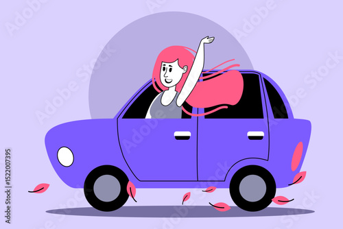 Woman with long hair joyfully waving from inside purple car, surrounded by falling leaves. Freedom and adventure concept