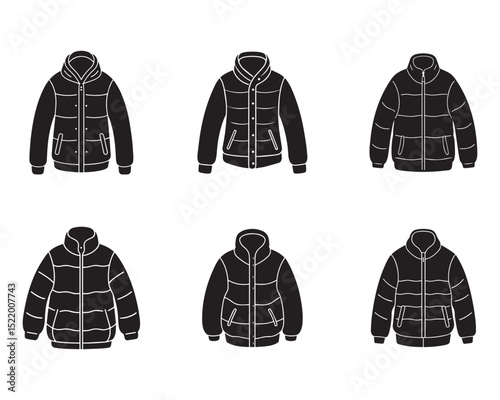 set of puffer jacket sketch icon silhouette vector illustration