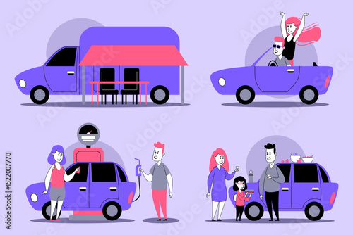 Illustrations of various car activities, including food truck, family enjoying ride, and individuals interacting with vehicles