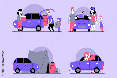 Families enjoying various activities involving cars, such as loading gear, setting up tents, and capturing memories. Fun adventures concept