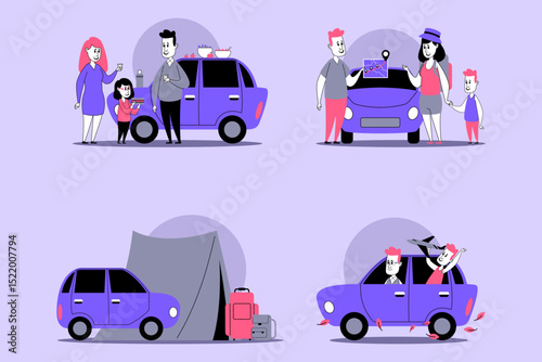 Families enjoying various activities involving cars, from dining together by food cart to exploring nature while camping. Fun and connection between loved ones concept
