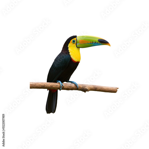 Colorful toucan bird perched on a branch, facing right on a white background