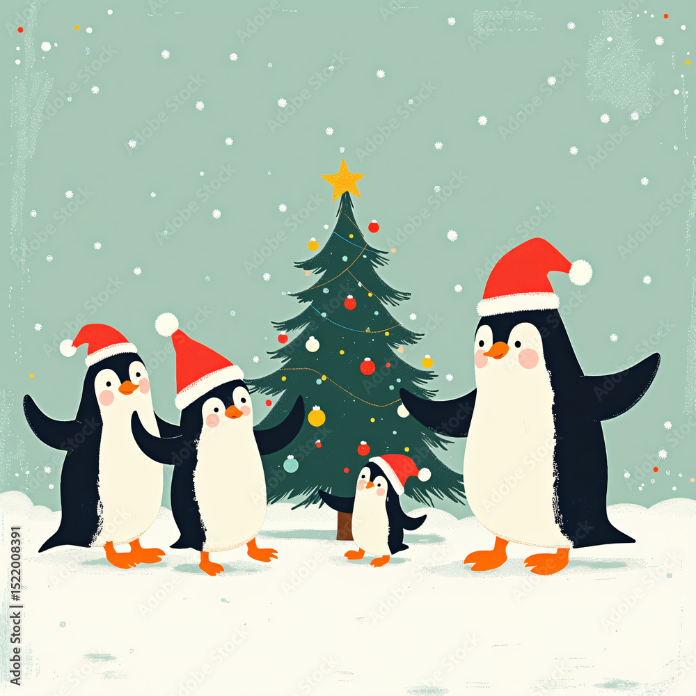 Fototapeta premium Penguin Family Christmas Celebration: A charming illustration of a penguin family, adorned in festive Santa hats.