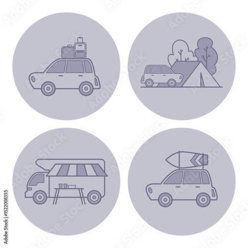 Set of icons depicting various outdoor travel activities, including car with luggage, camping tent, food truck, and vehicle designed for adventure