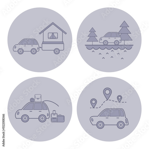 Collection of line icons of cars with trailers, showcasing camping and travel activities in natural settings with trees and water. Perfect for outdoor enthusiasts and travel planners