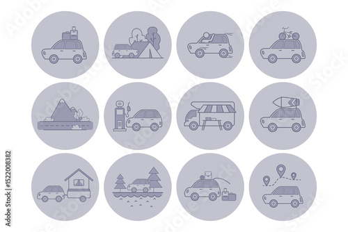 Collection of various line icons depicting activities associated with cars, such as camping, refueling, and exploring nature. Ideal for travel enthusiasts