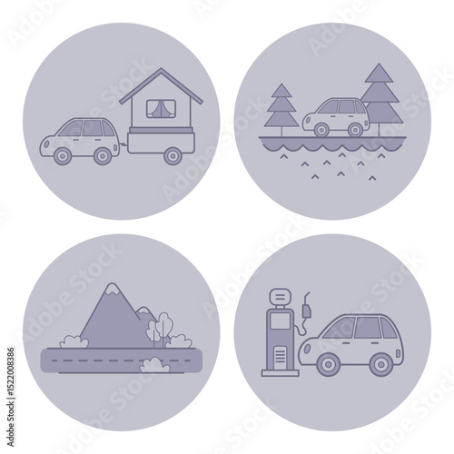 Collection of four line icons illustrating various car travel activities. Towing trailer, driving near water, mountain adventures, and refueling at station