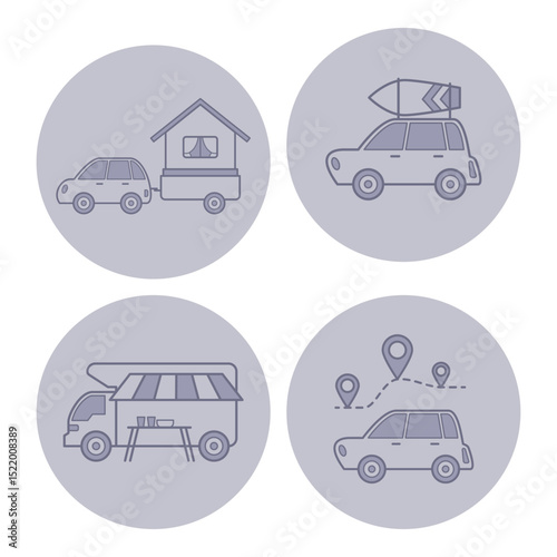 Four simple line icons of various travel scenarios, including car with trailer, car with roof item, food truck, and vehicle navigating map. Road adventures concept