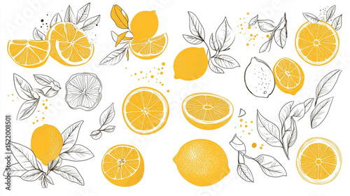 A collection of hand-drawn illustrations featuring various citrus fruits like oranges, lemons, and limes in black ink on a white background. The illustrations include elements such as whole fruit photo