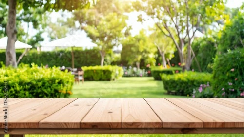 Wallpaper Mural Empty wooden table in serene garden setting, lush green lawn, trimmed shrubs, trees, sunlight, outdoor space ready for product display Torontodigital.ca