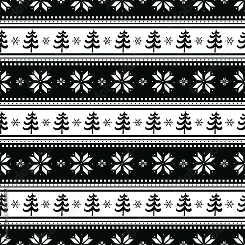 Striped Christmas Pattern with Fir Trees, Snowflakes, Flowers. Seamless Print. Christmas Background with Winter Elements. Merry Christmas and Happy New Year Design. Vector illustration in Black, White