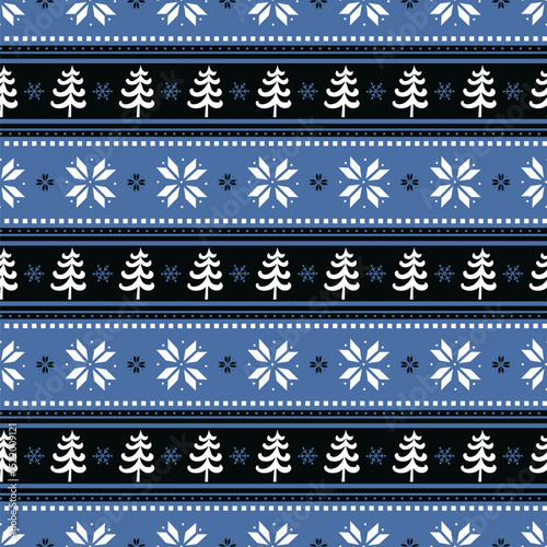 Striped Christmas Pattern with Fir Trees, Flowers. Seamless Print. Christmas Background with Winter Elements. Merry Christmas and Happy New Year Design. Vector illustration in Blue, Black, White