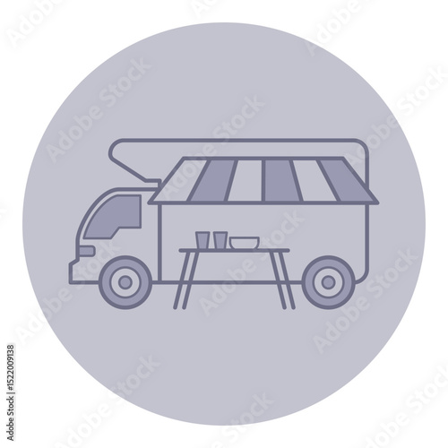 Food truck parked on bustling urban street, with open serving area with tables. Customers enjoying variety of dishes in lively atmosphere