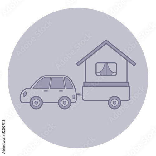 Small modern car towing tiny house trailer. Cute house with windows and circular light grey backdrop. Mobile living concept