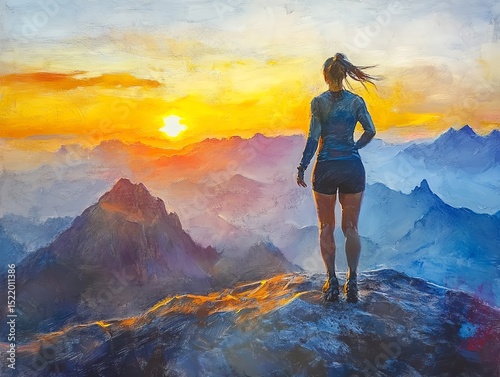 Woman Silhouette at Sunset: Serene Mountaintop Painting
