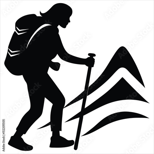 Girl hiking silhouette vector, A woman hiker with a backpack walks down a trail with a hiking stick