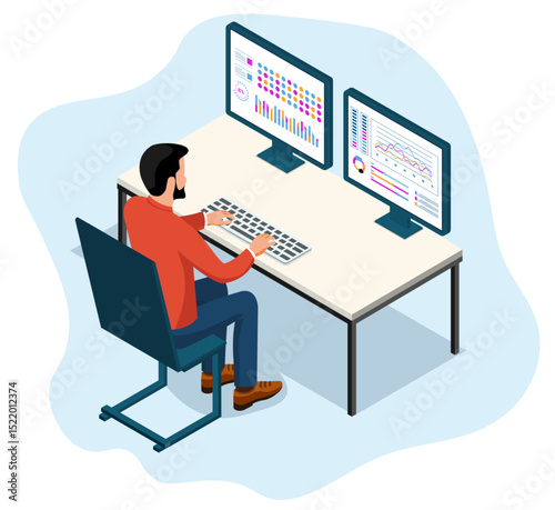A businessman analyzes data with colorful charts and graphs on two large monitors, featuring design concepts for business data analysts and finance investment.